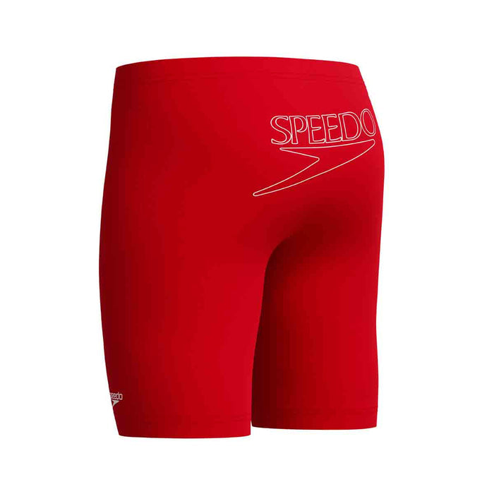 Speedo boys' Endurance+ logo jammer in high risk red, durable swimwear with Speedo branding for young swimmers.