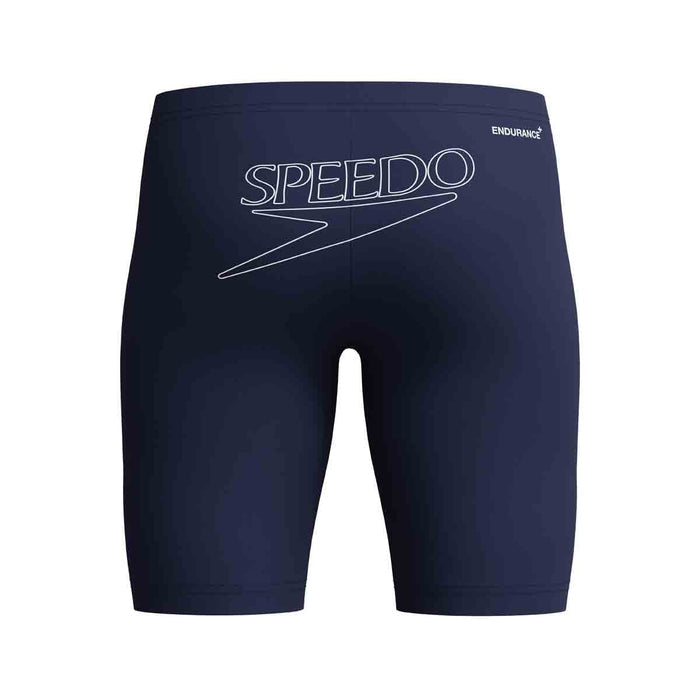 Speedo boys' Endurance+ Logo jammer in peacoat, navy blue swim jammers with Speedo logo for boys aged 6 years.