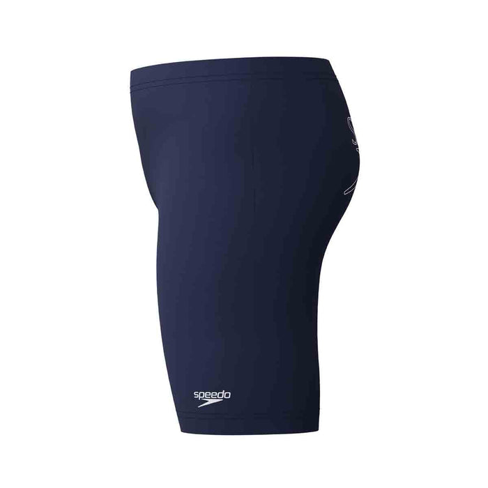 Speedo boys' Endurance+ logo jammer in peacoat, close-up of navy blue swim jammers with Speedo logo for young swimmers.