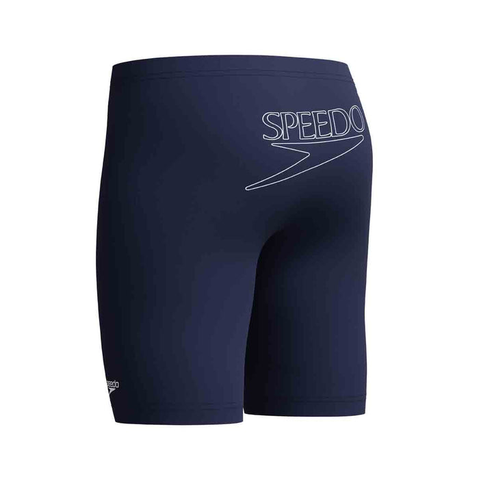 Speedo boys' Endurance+ logo jammer in peacoat, navy blue swim jammers with Speedo branding for boys aged 6 years.