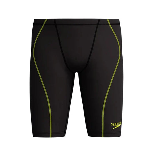 Black Speedo Boys Fastskin HyperSpark solid jammer, designed for young swimmers, with a sleek, tight-fitting swimwear style.