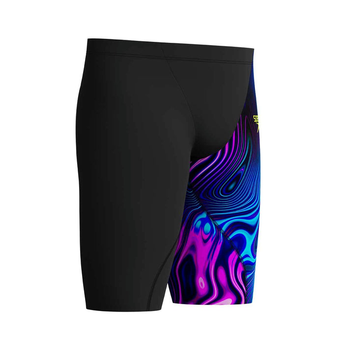 Speedo Boys Fastskin Junior LZR Ignite jammer in black and purple, designed for young swimmers, with a sleek, streamlined fit.
