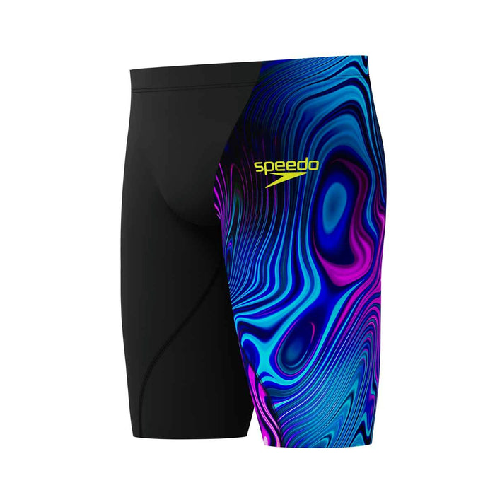 Speedo Boys Fastskin Junior LZR Ignite Jammers in black and purple, designed for young swimmers, shown on a young athlete.