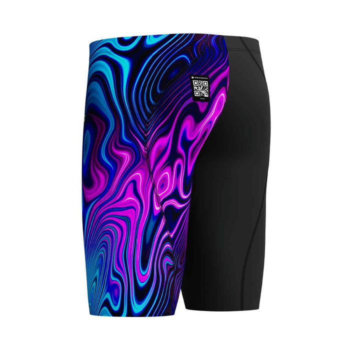 Speedo Boys Fastskin Junior LZR Ignite jammer in black and purple, designed for young swimmers, shown in a close-up image.