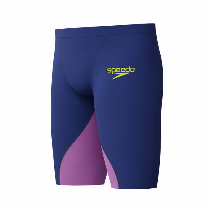 Speedo Boys Fastskin Junior LZR Ignite jammer in navy and purple, designed for competitive swimming, shown on a young swimmer.