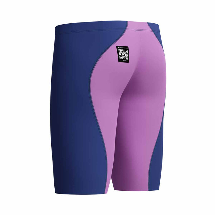 Speedo Boys Fastskin Junior LZR Ignite Jammer in navy and purple, designed for young swimmers, shown on a boy's body.
