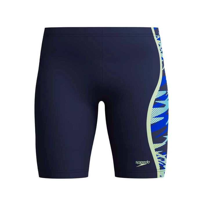 Speedo Boys HyperBoom Splice Jammer in navy and green, durable swim jammers with bold splice design for young swimmers.