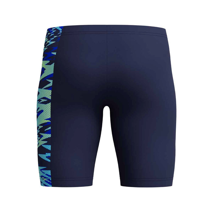 Speedo boys' HyperBoom Splice jammer swimsuit in navy and green, designed for swimming and active water sports.