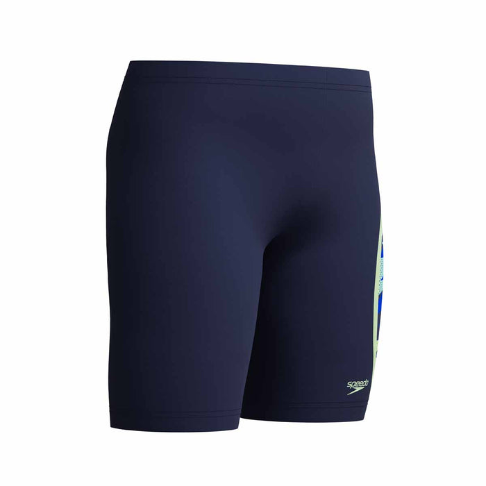 Speedo boys' HyperBoom Splice jammer in navy and green, featuring a sleek swim brief design with colorful splice pattern.