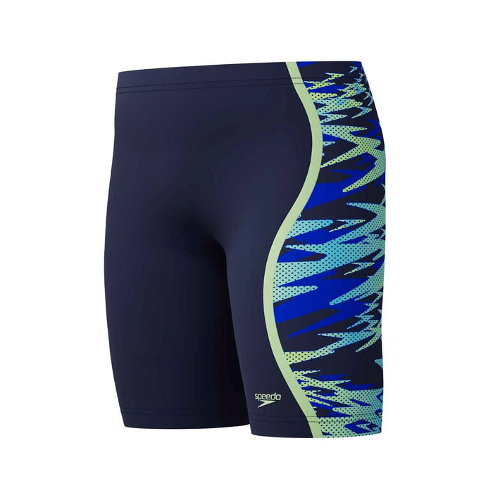 Speedo Boys HyperBoom Splice Jammer in navy and green, featuring a sleek swim jammer design for boys' competitive swimwear.
