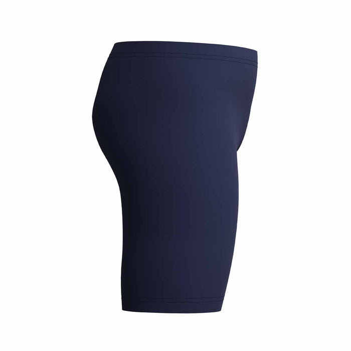 Speedo boys' HyperBoom Splice jammer in navy and green, designed for swimming and competitive training, featuring a sleek fit.