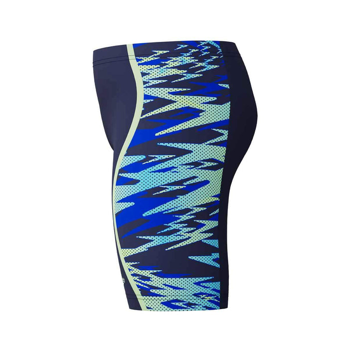 Speedo boys' HyperBoom Splice jammer in navy and green, designed for boys' swim training and competition.