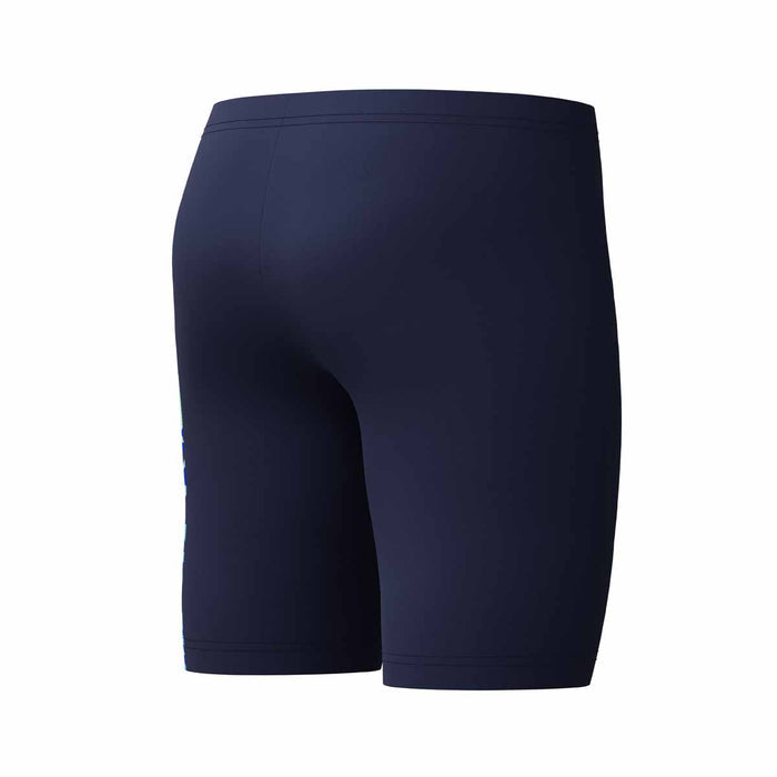 Speedo boys HyperBoom Splice jammer in navy and green, designed for swimming, with a close-up of the colorful splice pattern.