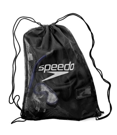Black Speedo Mesh Bag for swim gear storage, featuring breathable mesh design and sturdy handles.