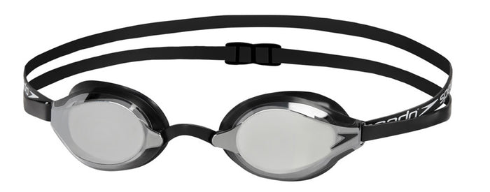 Black Speedo Fastskin Speedsocket 2 Mirrored goggles with reflective lenses for swimming, featuring a streamlined fit.