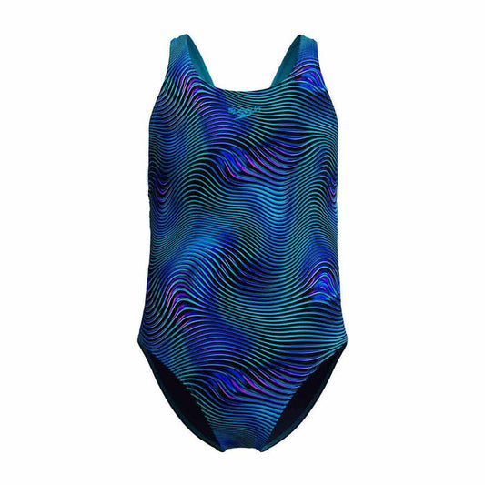 Speedo girls' digital allover leaderback swimsuit in deep sapphire and Mayan blue, featuring vibrant print and comfortable fit.