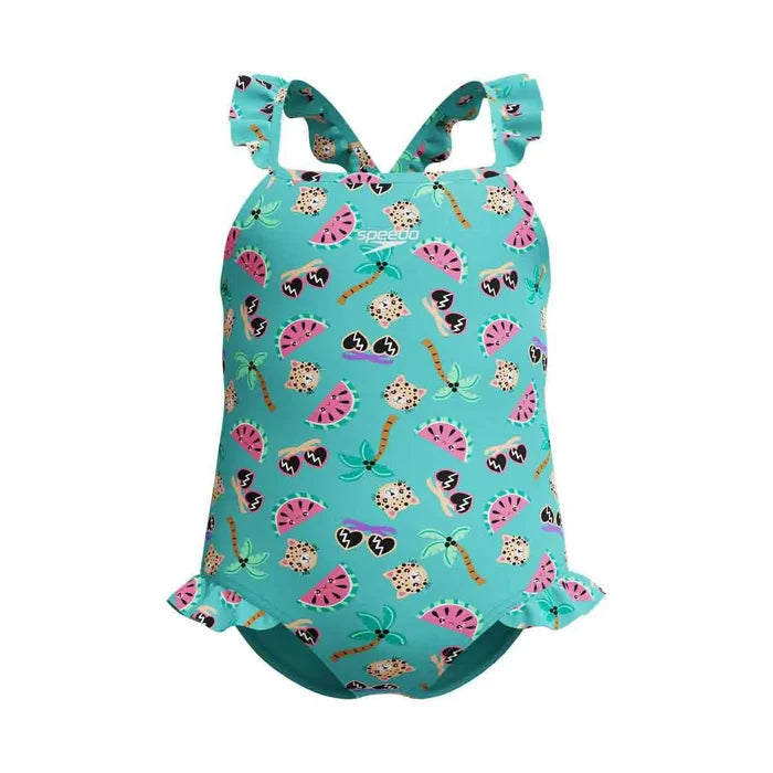 Speedo girls' digital frill thinstrap swimsuit in Arctic Glass, featuring a colorful pattern and lightweight, quick-drying fabric.