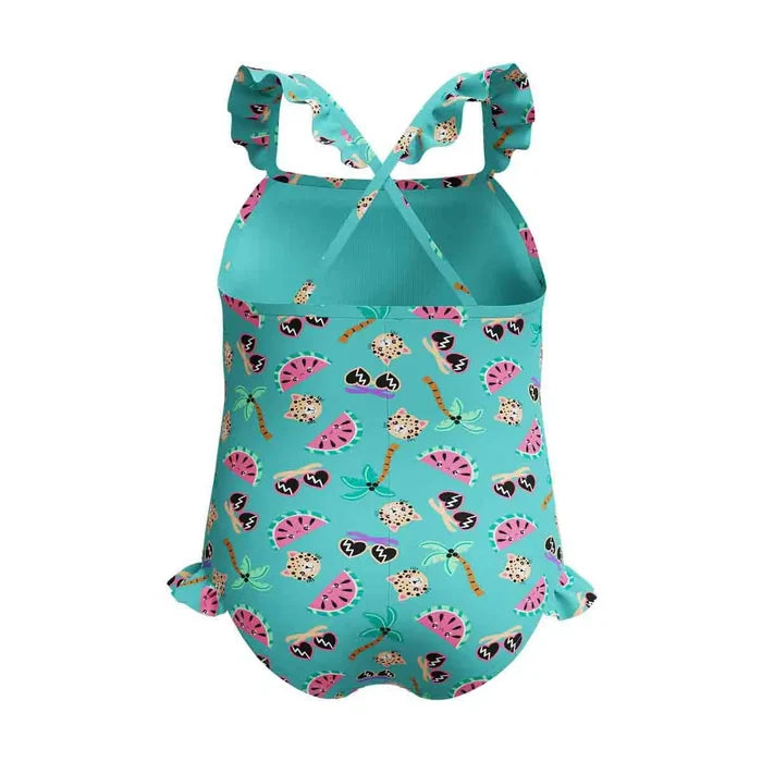Speedo girls' digital frill thinstrap swimsuit in Arctic Glass, featuring a colorful pattern and lightweight, comfortable fabric.