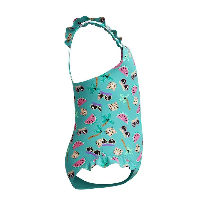Speedo girls' digital frill thinstrap swimsuit in Arctic Glass with bright print and ruffle details, designed for young swimmers.