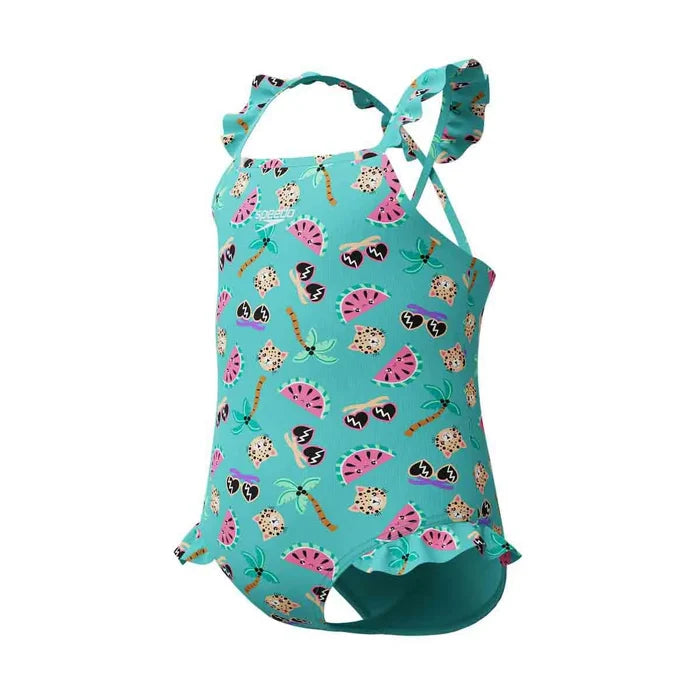 Speedo girls' digital frill thinstrap swimsuit in Arctic Glass, featuring vibrant print and lightweight, comfortable design for swimming.