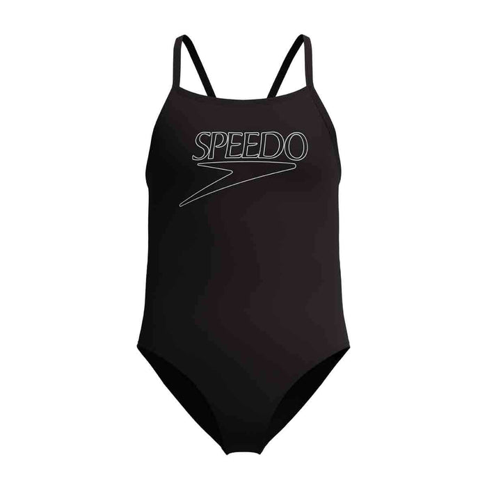 Speedo girls' Endurance+ logo thinstrap swimsuit in anthracite, featuring sleek design and durable fabric for young swimmers.