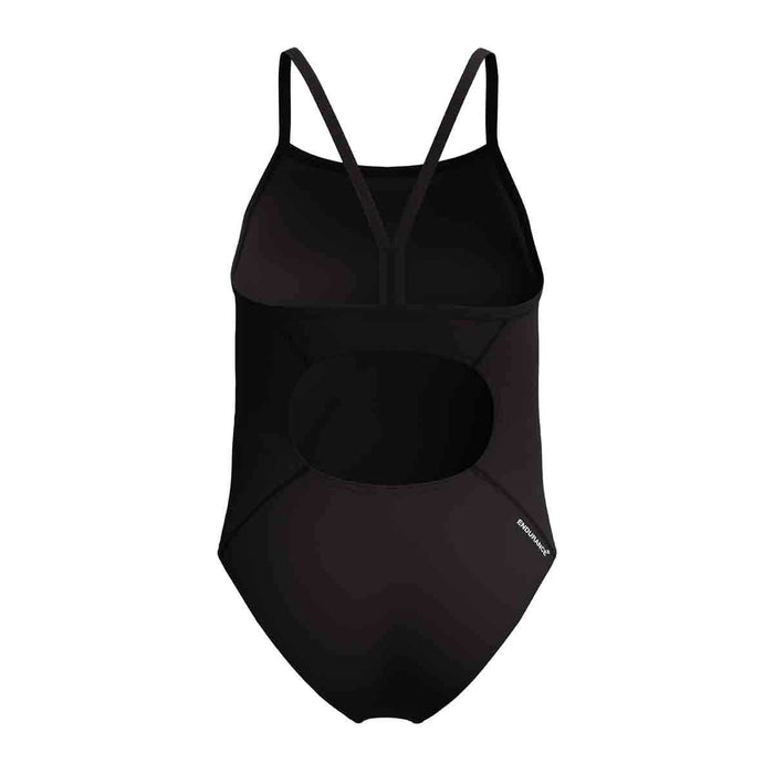 Speedo girls' Endurance+ logo thinstrap swimsuit in anthracite, featuring a sleek design and durable fabric for swimming.