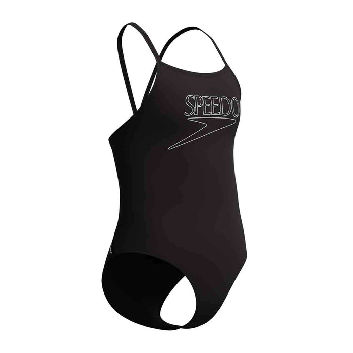 Speedo girls' Endurance+ logo thinstrap swimsuit in anthracite, featuring a sleek design and Speedo branding for active swimming.