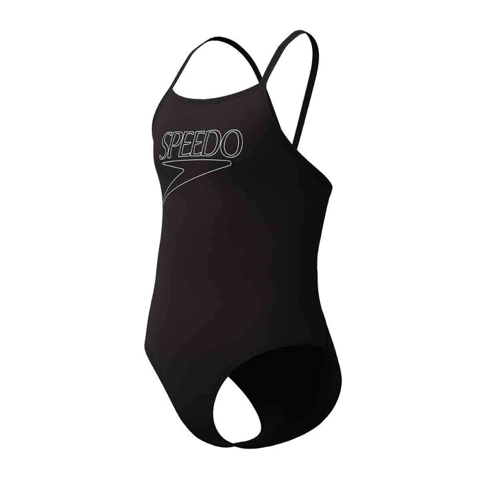 Speedo girls' Endurance+ logo thinstrap swimsuit in anthracite, featuring sleek design and comfortable fit for young swimmers.