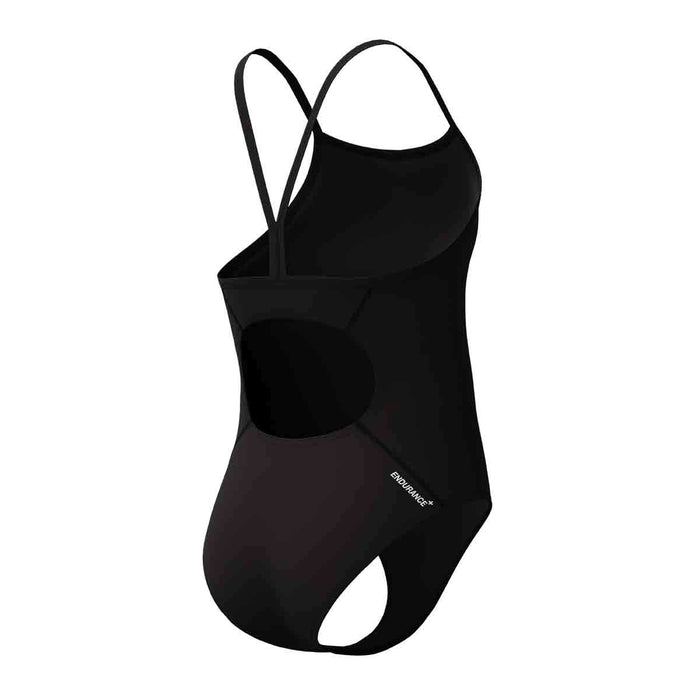 Speedo girls' Endurance+ logo thinstrap swimsuit in anthracite, featuring a sleek design and Speedo branding for young swimmers.