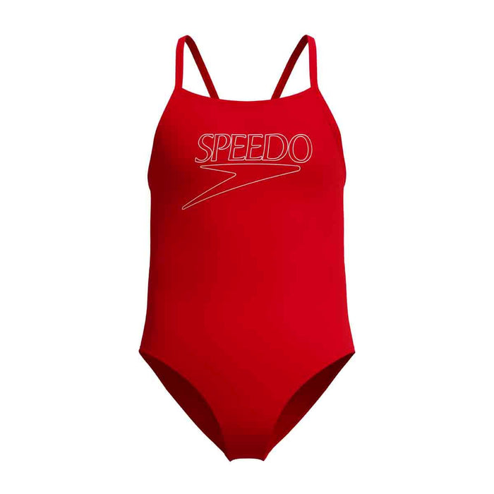 Speedo girls' Endurance+ logo thinstrap swimsuit in high risk red, designed for comfort and durability in swim activities.