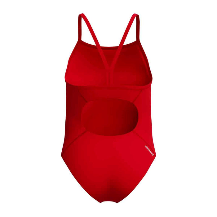 Speedo girls' Endurance+ logo thinstrap swimsuit in High Risk Red, featuring a sleek design and sporty style for young swimmers.