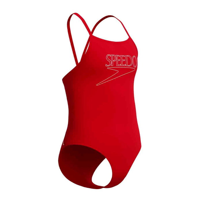 Speedo girls' Endurance+ logo thinstrap swimsuit in high risk red, perfect for swimming and active water sports.