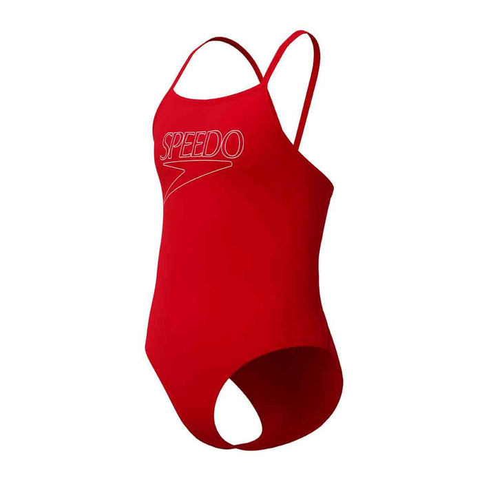 Speedo girls' Endurance+ logo thinstrap swimsuit in high risk red, featuring a sleek design and the Speedo brand logo.
