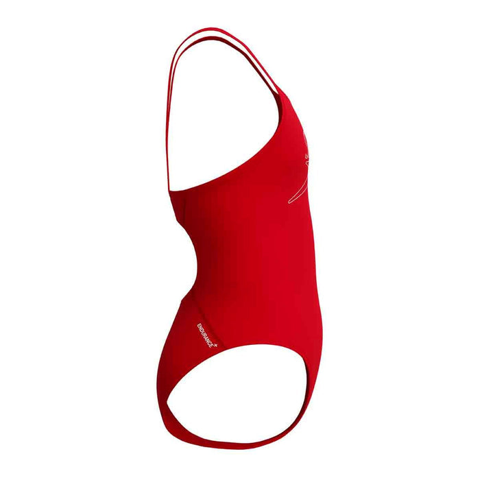Speedo girls' Endurance+ logo thinstrap swimsuit in High Risk Red, featuring a sleek design and adjustable straps for swimming comfort.