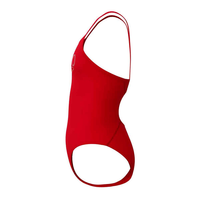Speedo girls' Endurance+ logo thinstrap swimsuit in high risk red, designed for comfortable swimming and active wear.