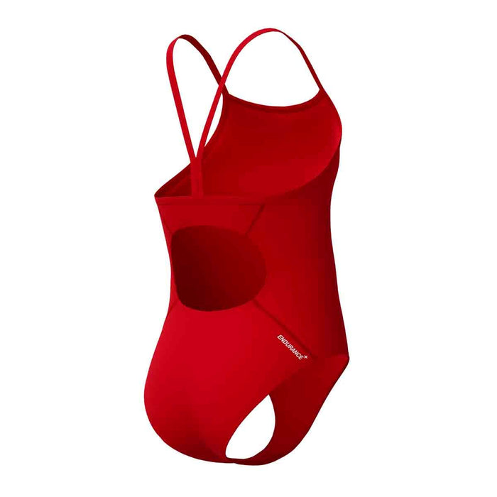 Speedo girls' Endurance+ logo thinstrap swimsuit in high risk red, featuring a sleek design and comfortable fit for young swimmers.