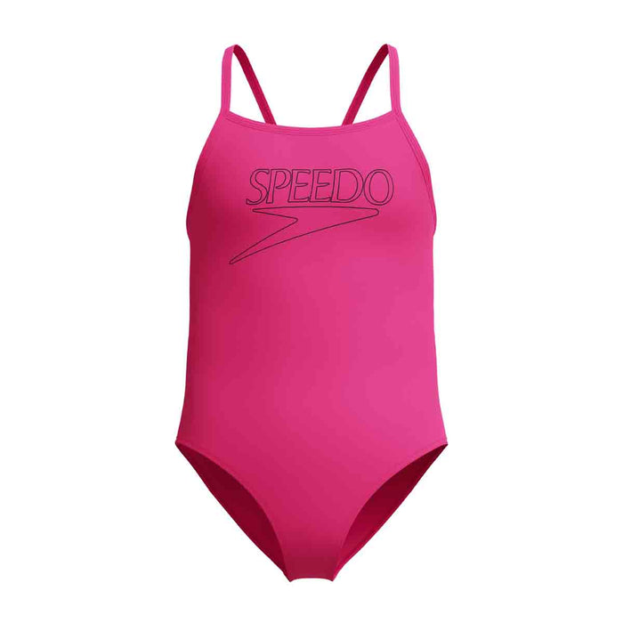 Speedo girls' Endurance+ logo thinstrap swimsuit in vibrant Margarita Pink, designed for comfortable swimming and active play.