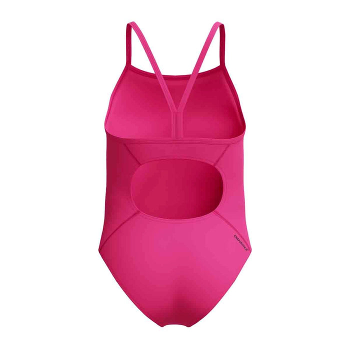 Speedo girls' Endurance+ logo thinstrap swimsuit in Margarita Pink, featuring a sleek design and comfortable fit for young swimmers.