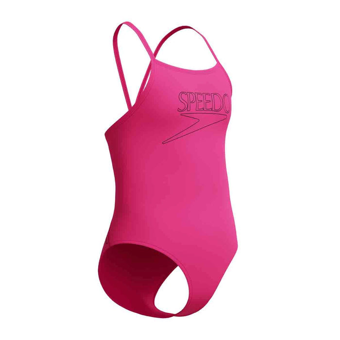 Speedo girls' Endurance+ logo thinstrap swimsuit in Margarita Pink, featuring a sleek design and comfortable fit for young swimmers.