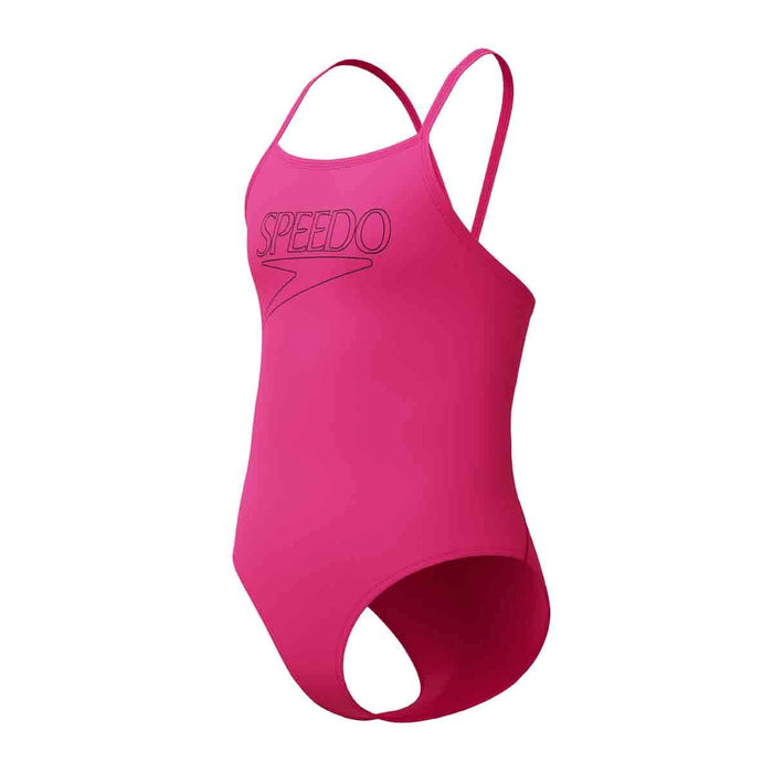 Speedo girls' Endurance+ logo thinstrap swimsuit in Margarita Pink, featuring a sleek design and adjustable straps for comfortable swimming.
