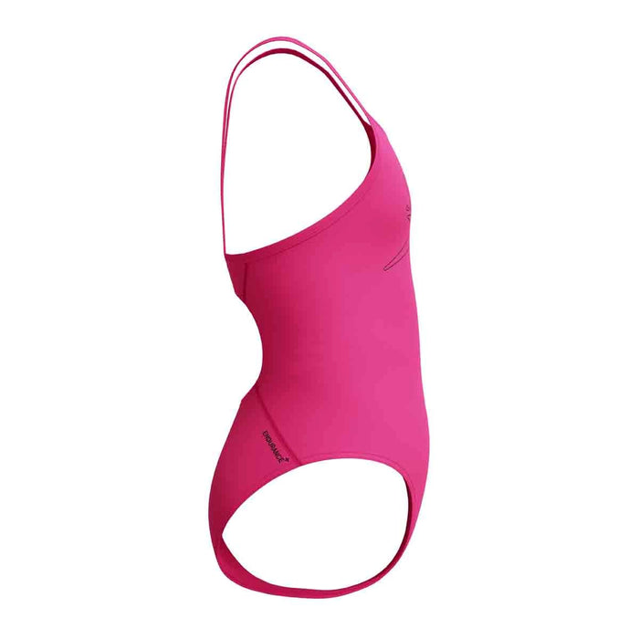 Speedo girls' Endurance+ logo thinstrap swimsuit in vibrant Margarita Pink, suitable for swimming and active water sports.