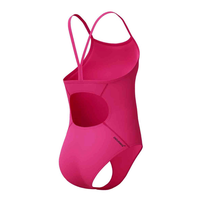 Speedo girls' Endurance+ logo thinstrap swimsuit in Margarita Pink, featuring a sleek design and comfortable fit for young swimmers.