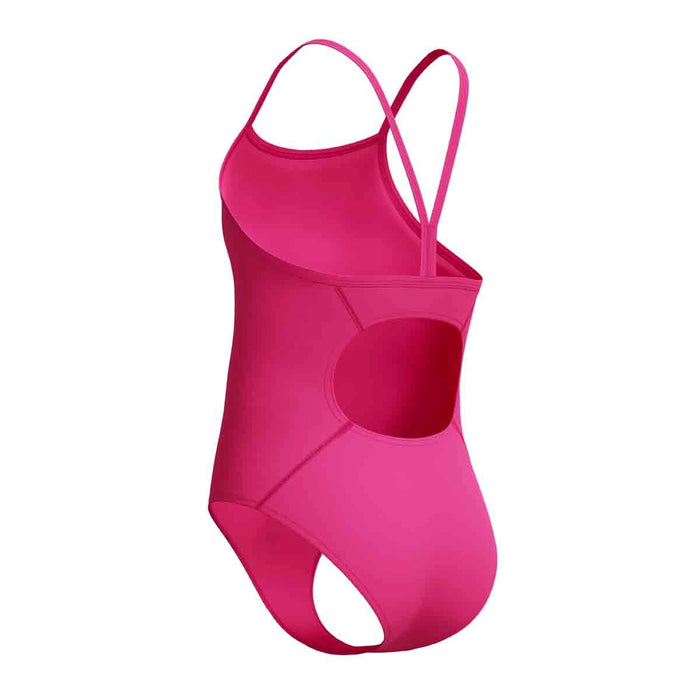 Speedo girls' Endurance+ logo thinstrap swimsuit in Margarita Pink, featuring a comfortable fit and vibrant color for swimming.