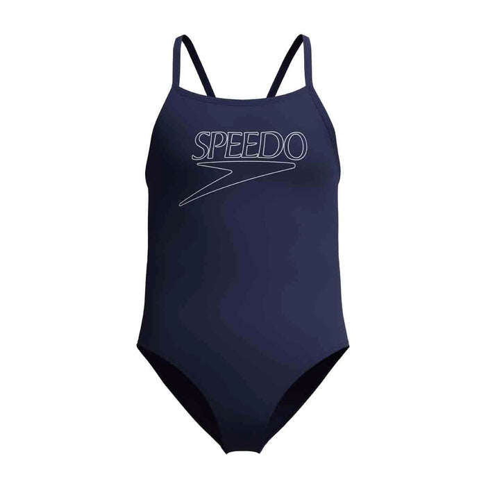 Speedo girls' Endurance+ logo thinstrap swimsuit in peacoat, featuring a sleek design and comfortable fit for young swimmers.