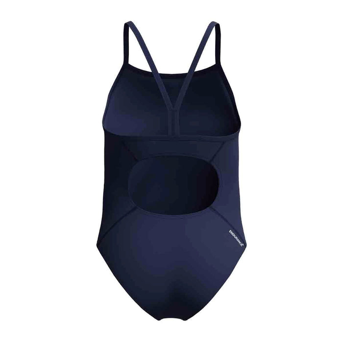 Speedo girls' Endurance+ logo thinstrap swimsuit in peacoat, featuring sleek straps and comfortable fabric for swimming.