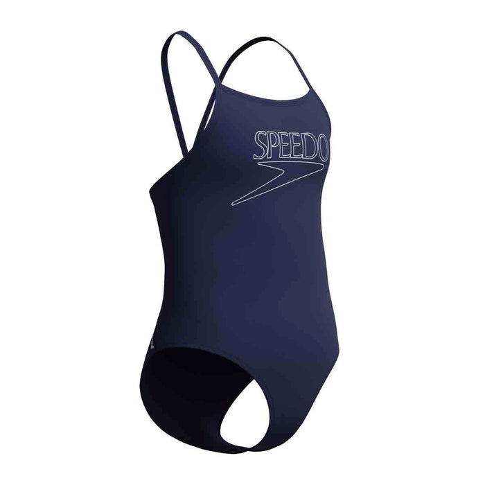 Speedo girls' Endurance+ logo thinstrap swimsuit in peacoat, featuring a sleek design and adjustable straps for active swimming.