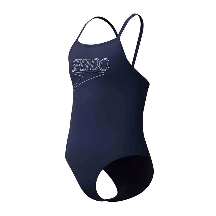 Speedo girls' Endurance+ logo thin strap swimsuit in peacoat, featuring a sleek design and adjustable straps for young swimmers.