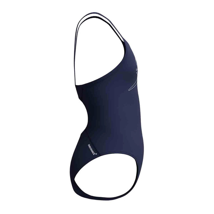 Speedo girls' Endurance+ logo thinstrap swimsuit in peacoat with sleek design and adjustable straps for young swimmers.