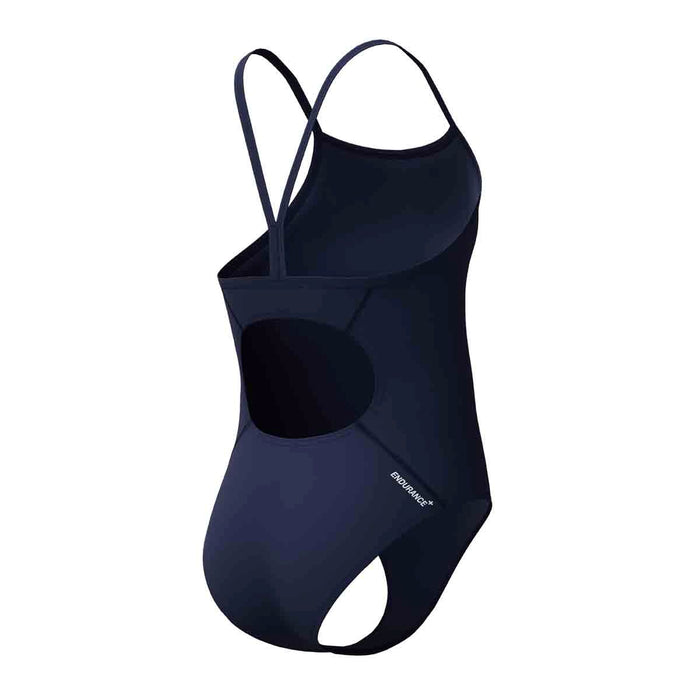 Speedo girls' Endurance+ logo thinstrap swimsuit in peacoat, featuring a sleek design and adjustable straps for comfortable swimming.