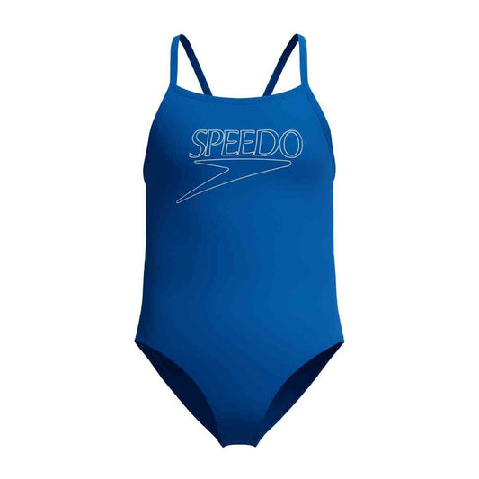 Speedo girls' Endurance+ logo thinstrap swimsuit in Turkish Sea with sleek design and sporty style for young swimmers.
